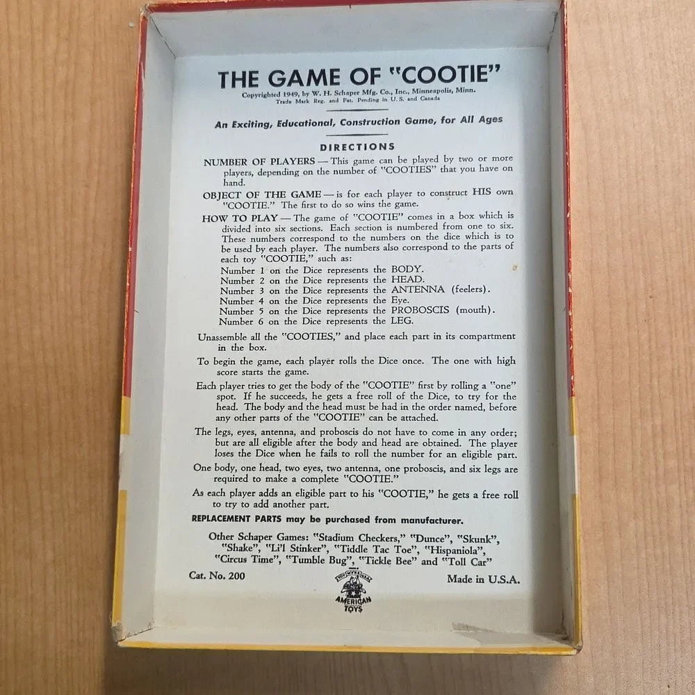 1949  GAME OF COOTIE W. H. Schaper MFG. Company COMPLETE Great Vintage Shape(#1)